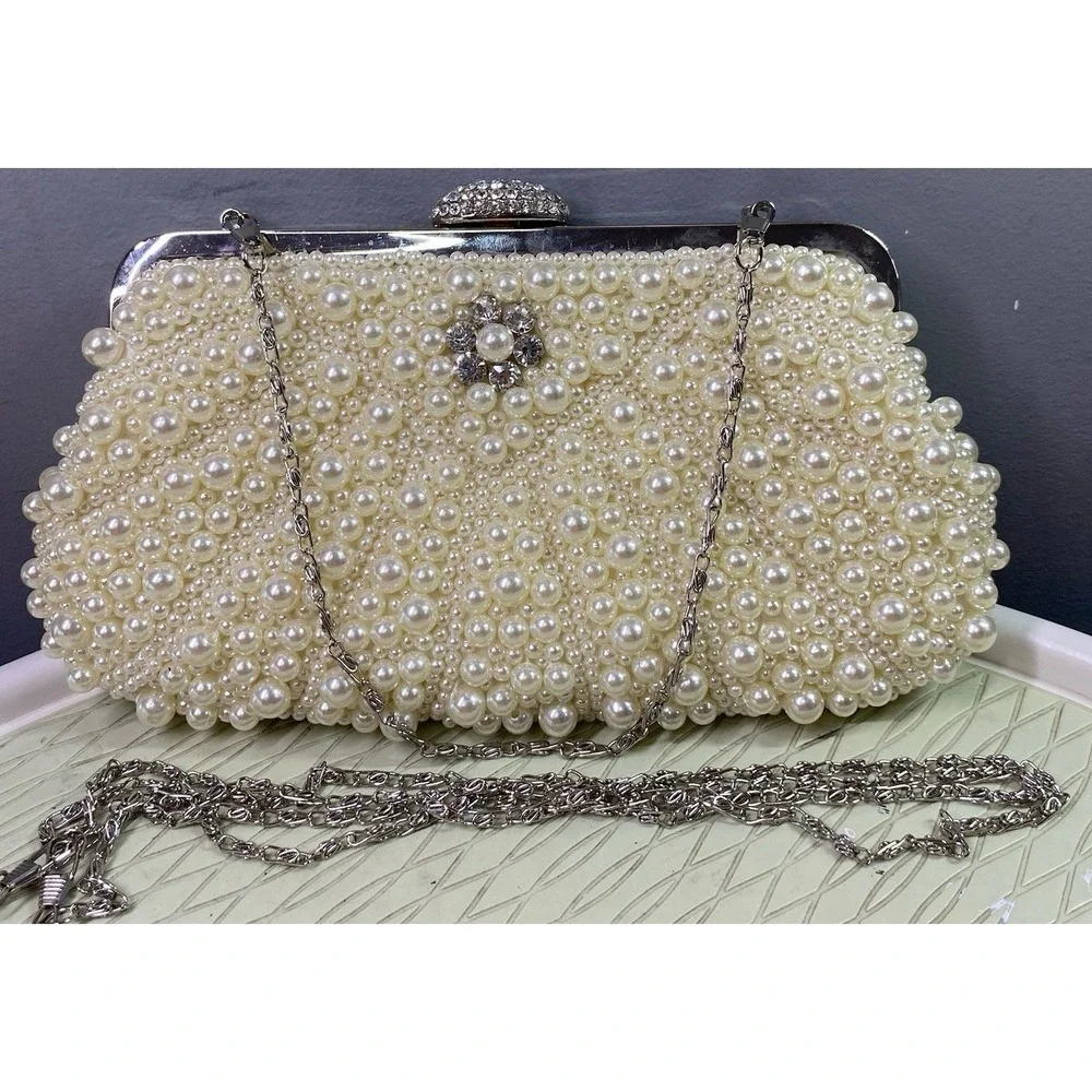 Women Ivory Pearl&Rhinestone Dress Clutch Purse Wedding Prom Crossbody 5x9.5x1